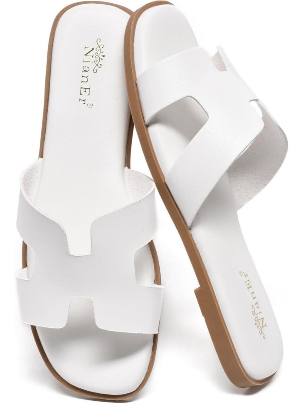 NianEr Women's White Leather Comfortable Casual Summer Flats Sandals Shoes
